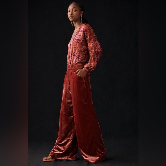 🍷By Anthropologie Wide-Leg Velvet Trousers, 12 Tall - Picture 2 of 7